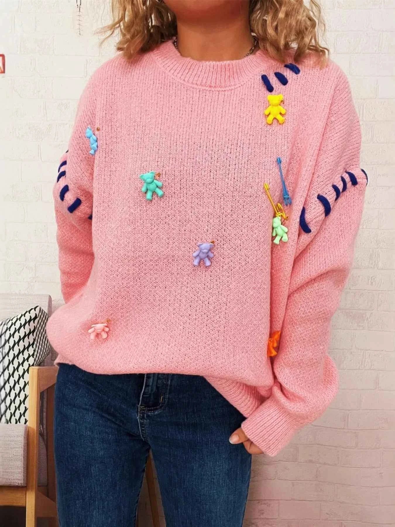 Bear Decoration Round Neck Sweater e9cf0c9948654e269ef4e24b5e07f5ba-Max-Origin