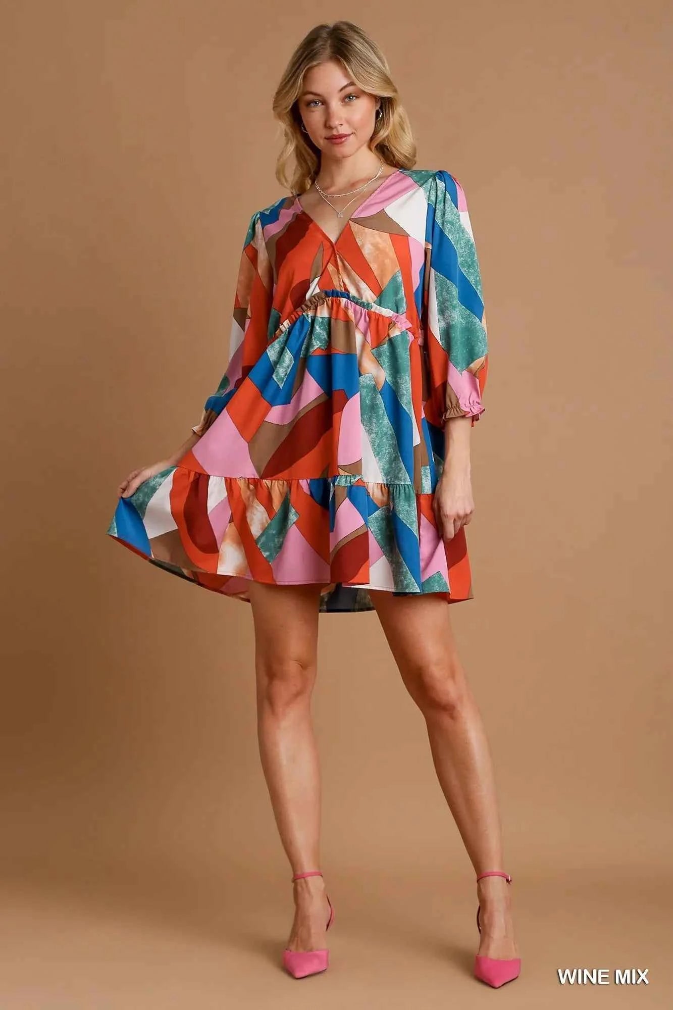 Umgee Abstract V-Neck Tiered Printed Dress WINE MIX e9d29b8d-e874-43ab-a943-fe019d217000-Max-Origin