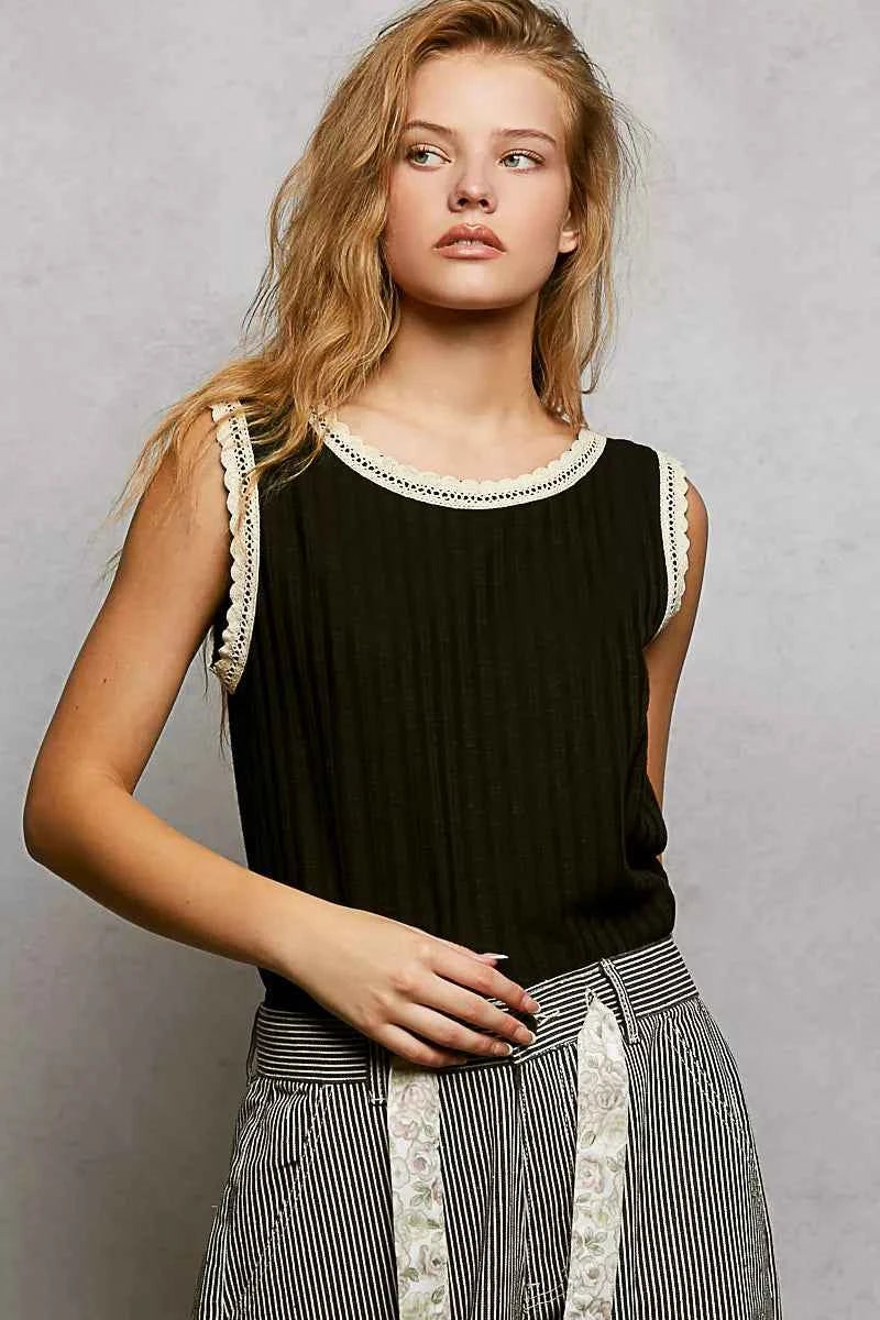POL Ribbed Round Neck Tank with Lace Trim Black e9d325d8-2f04-4e6c-8dd2-d56b7d8879cf-Max-Origin