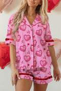 Pink Sweet Heart Cake Print Contrast Ruffle Trim Valentines 2pcs Pajama Set Pink 95%Polyester+5%Elastane e9d4f679ab8bd9bf