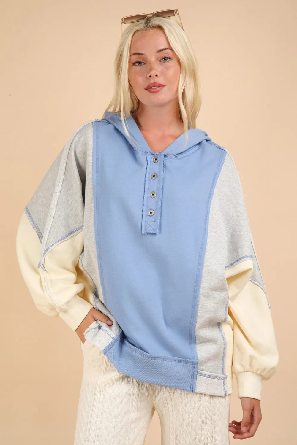 VERY J Exposed Seam Color Block Half Button Hoodie Blue e9d6e4e1-8ea3-4e23-b54f-a901708e100c-Max