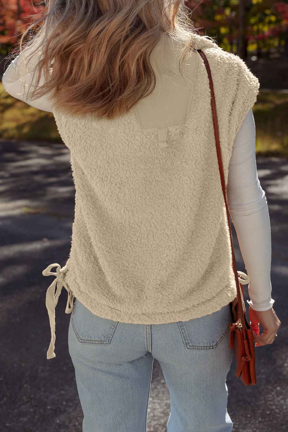 Beige Faux Fur Snap Button Front Knot Side Plush Vest e9d76d2525ef06b8