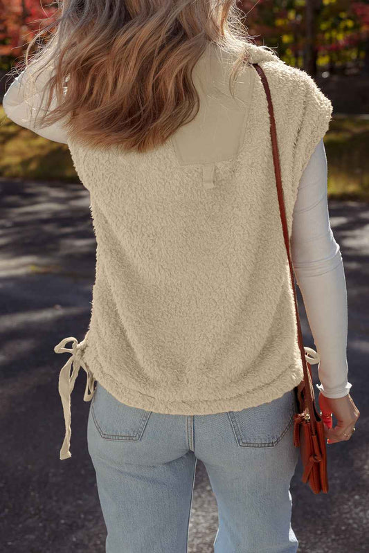 Beige Faux Fur Snap Button Front Knot Side Plush Vest e9d76d2525ef06b8