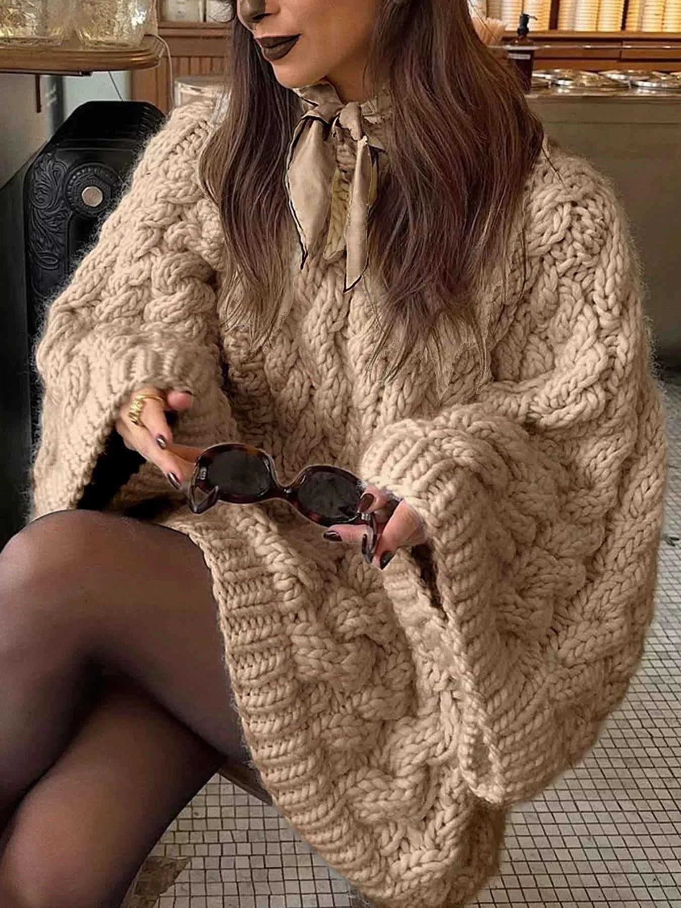 Cable Knit Round Neck Sweater Khaki e9d77c8f7ce44da5a0f0a88ba35a06fe-Max-Origin