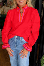 Fiery Red Striped Trim Ruffle Split Neck Long Sleeve Blouse Fiery Red 65%Polyester+35%Cotton e9d8ba62ff2569f6
