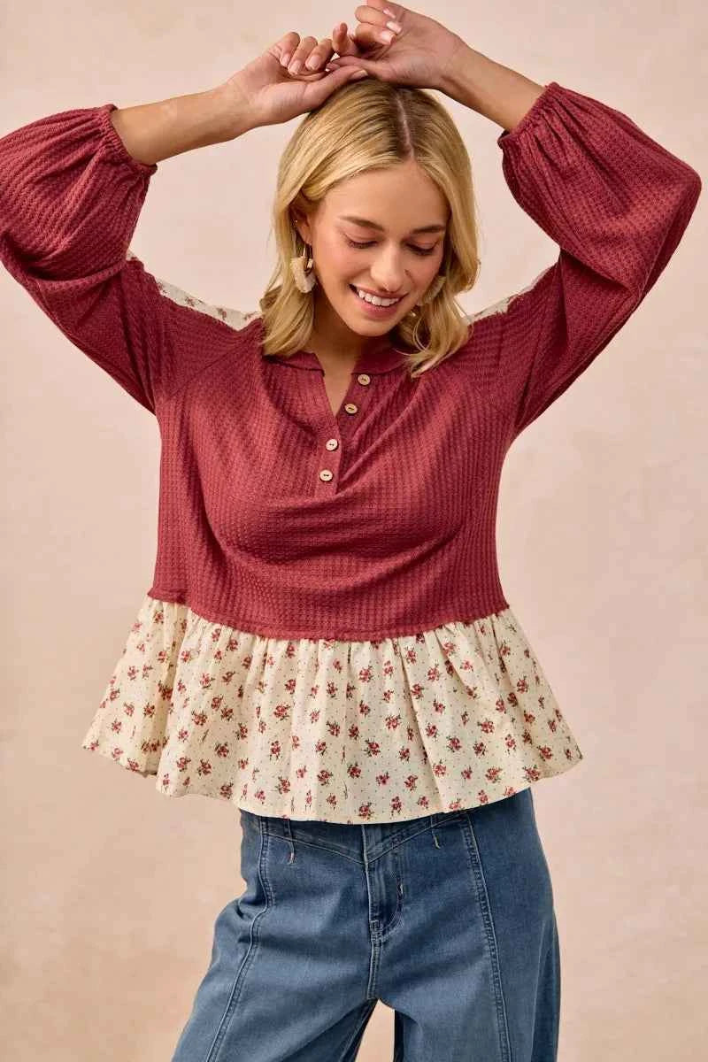 BiBi Waffle with Floral Woven Combo Top e9e509a7fb8e43fea9330edd57c48310-Max-Origin