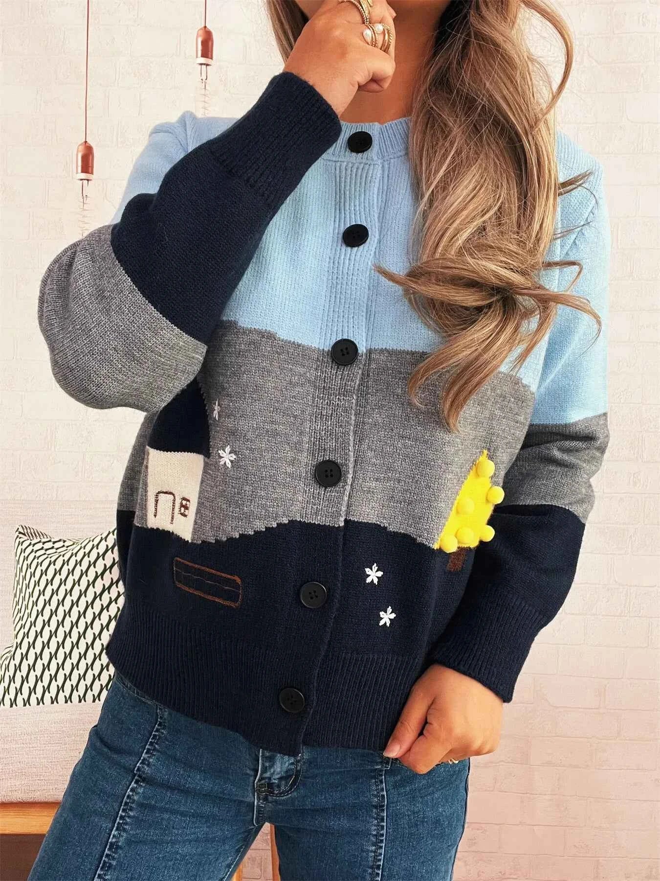 Color Block Button-Up Cardigan Blue One Size e9e58724e8a54374bf1853922fc1392d-Max-Origin