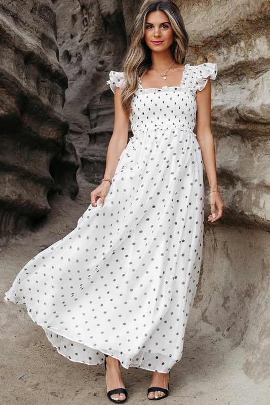 White Polka Dot Flutter Sleeve Square Neck Smocked Maxi Dress e9e76702345c785c