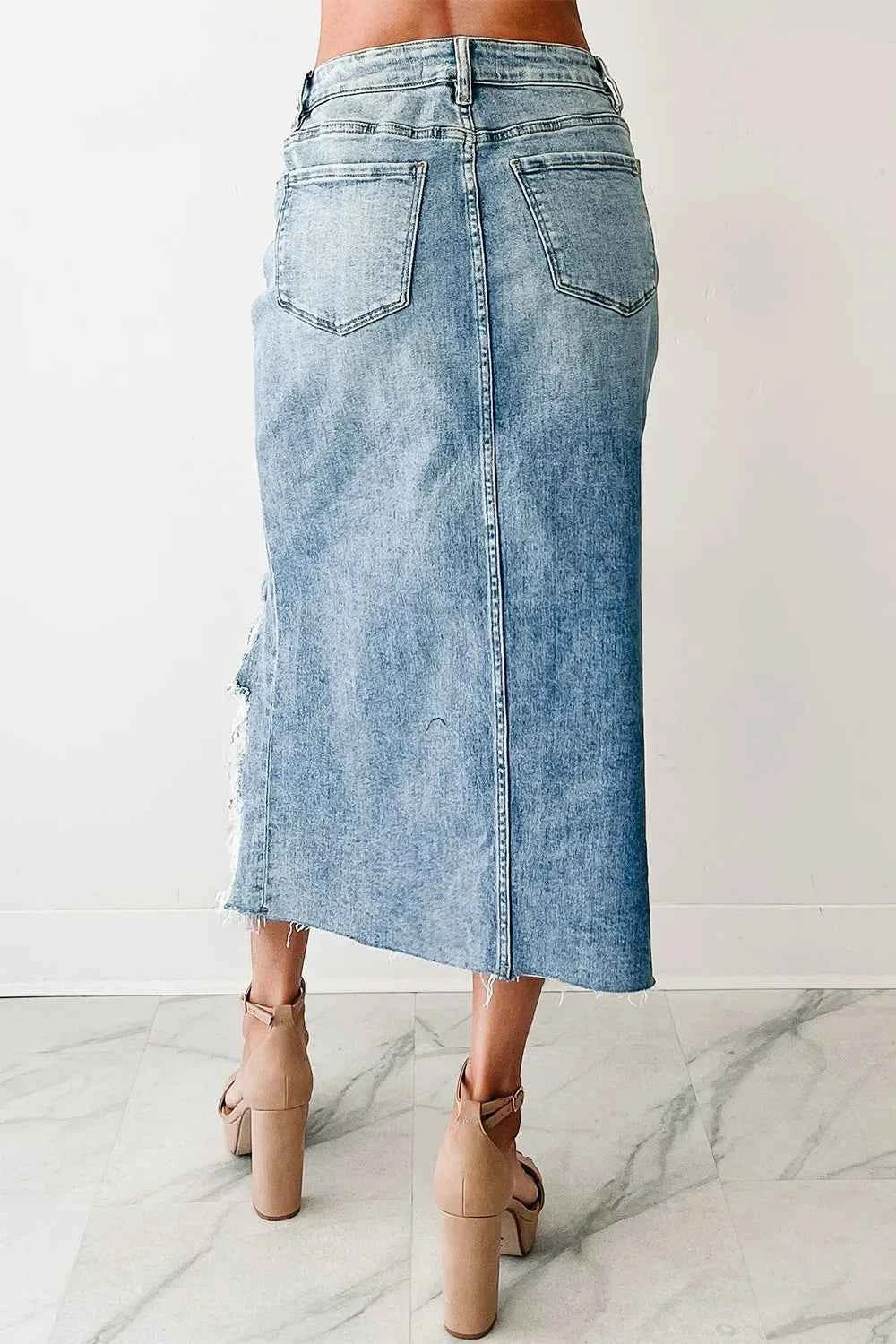 Distressed Asymmetrical Denim Skirt with Frayed Hem e9e889cf-0a99-40b2-ad15-93b6cbca38b3-Max-Origin