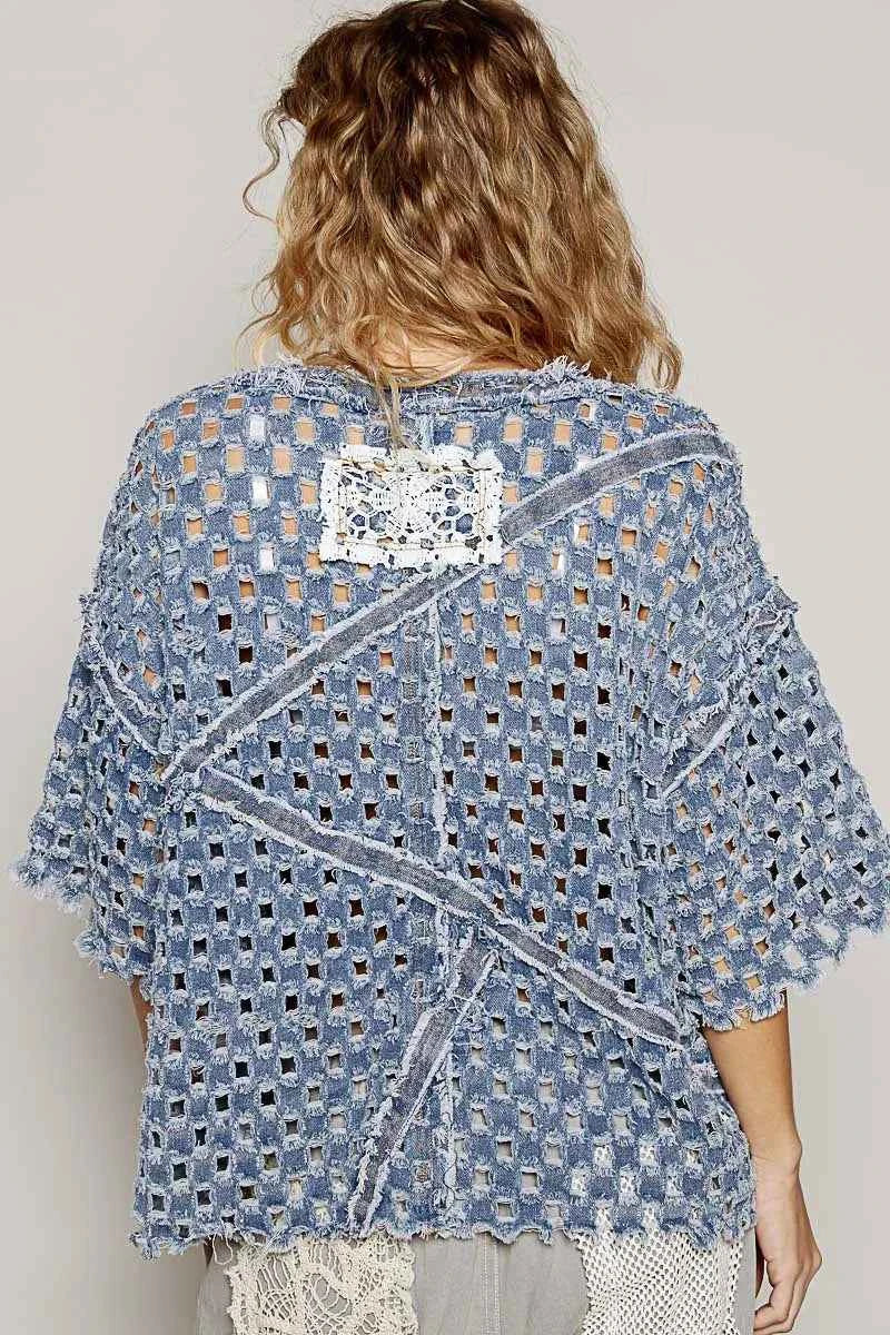 POL V-Neck Short Sleeve Top with Laser Cut Detail e9ecaa5e-1a1d-4f91-bd94-df8f589bc090-Max-Origin
