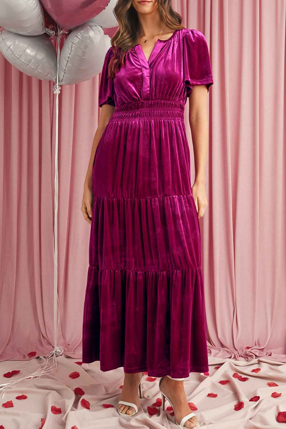 Prussian Blue Velvet Short Sleeve Shirred Waist Tiered Maxi Dress e9ed5e55032d316c