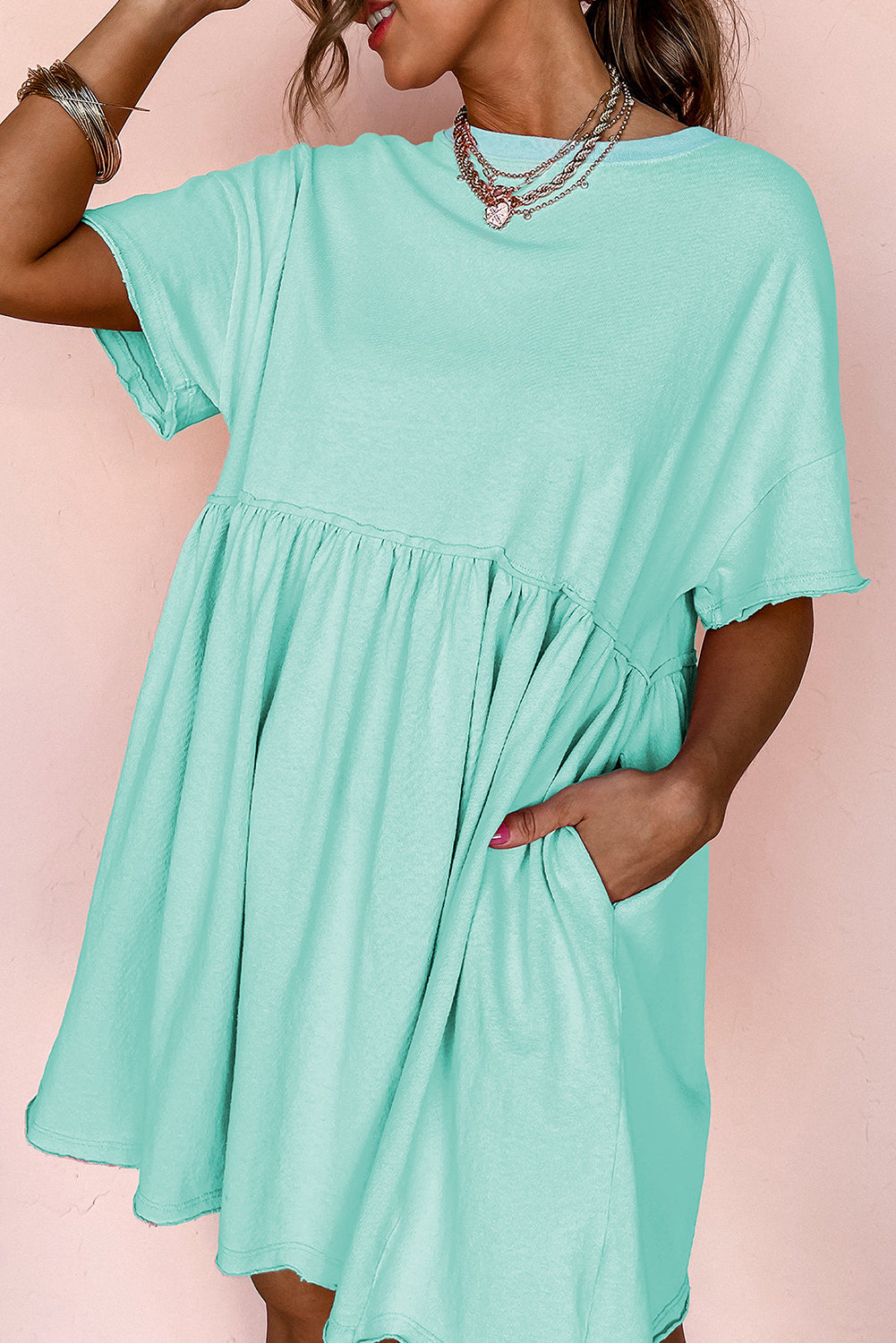 Light Pink Solid Color Pocket Raw Edge Babydoll Dress e9ef73ec4a6b3457