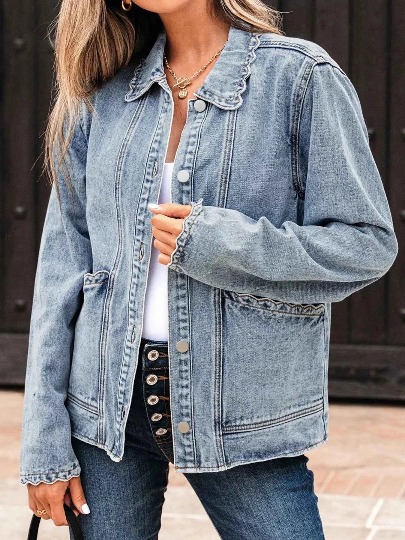 Scallop Trim Collar Patched Pocket Button Up Denim Jacket e9f13a1b3eb24edbb4e61942bec5d25a-Max-Origin