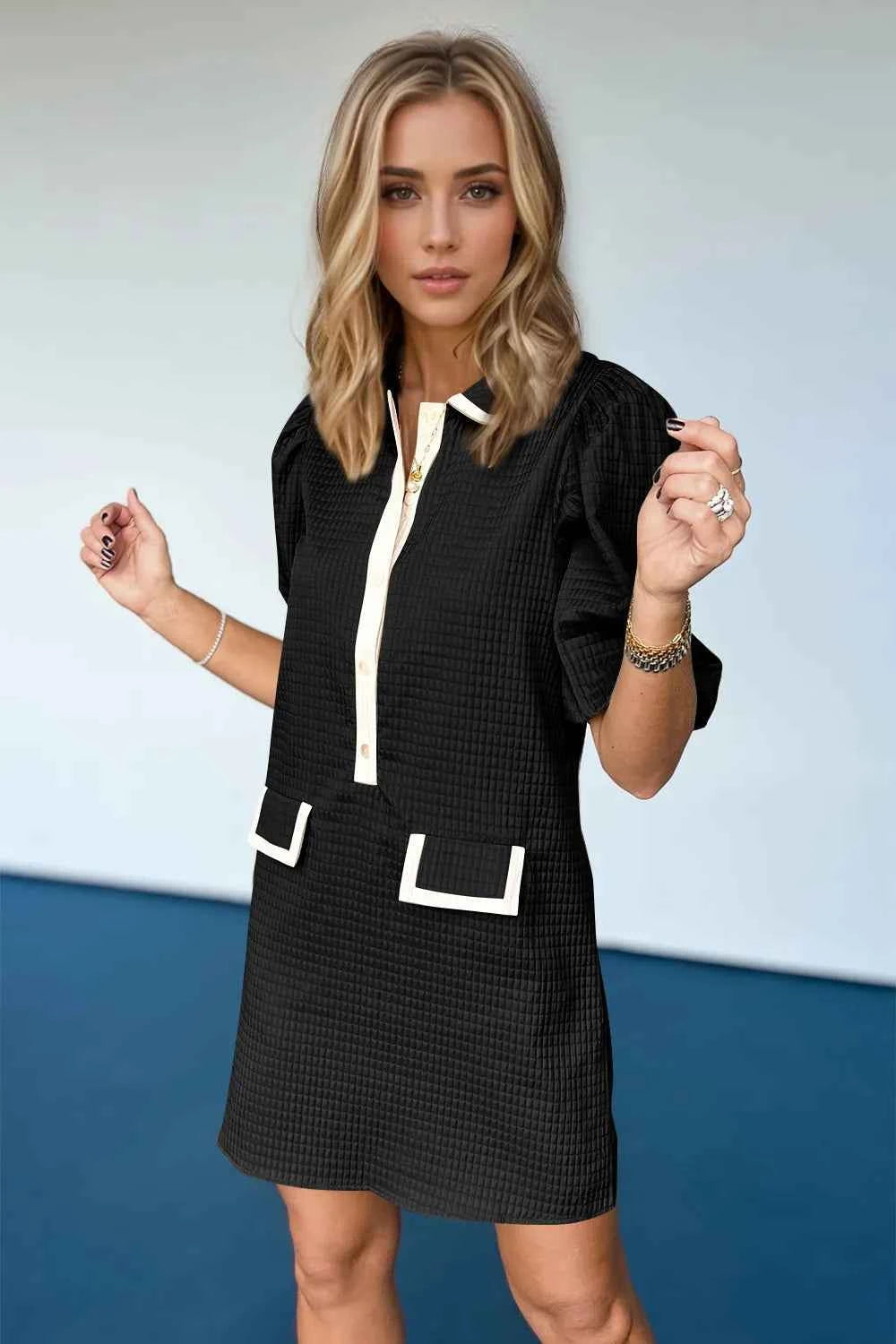 Oh Textured Half Button Puff Sleeve Dress Black e9f3da1a-6f6d-4cfa-8bbd-f7b50debace2-Max