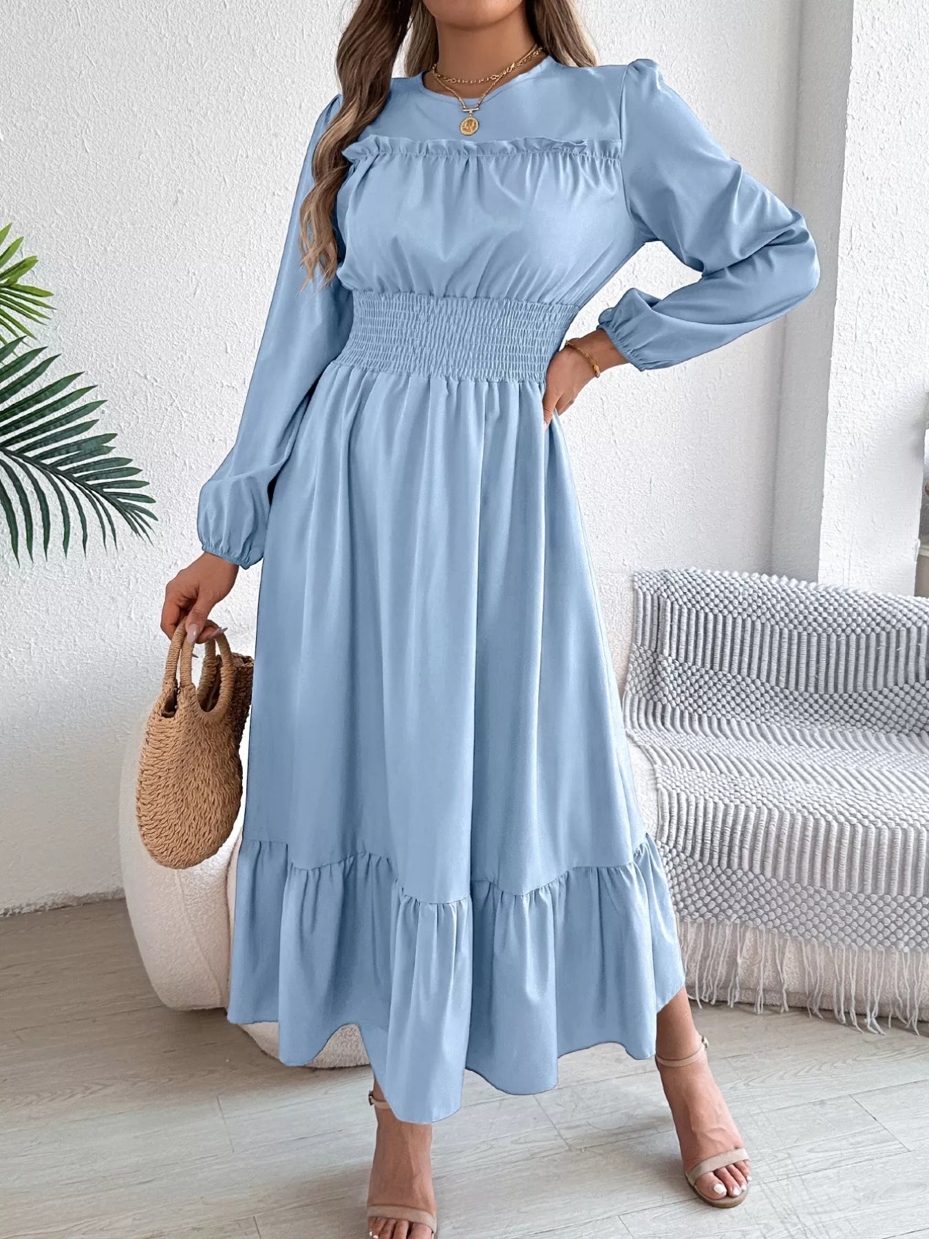 Round Neck Balloon Sleeve Tiered Dress e9f4b12ca215483fb67798ebdf3d1f27-Max-Origin