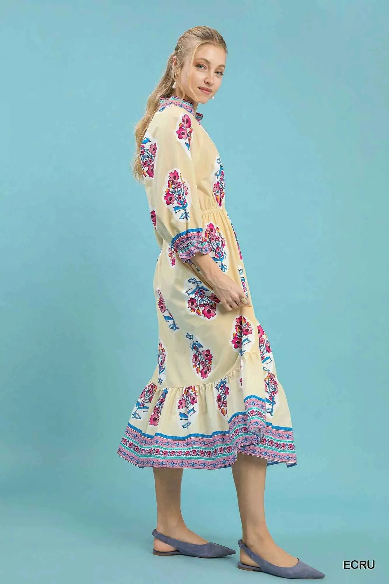 Umgee Flower Patch Border Print Midi Dress e9f642e7-642b-48a4-a144-7bc096e9ebdb-Max-Origin