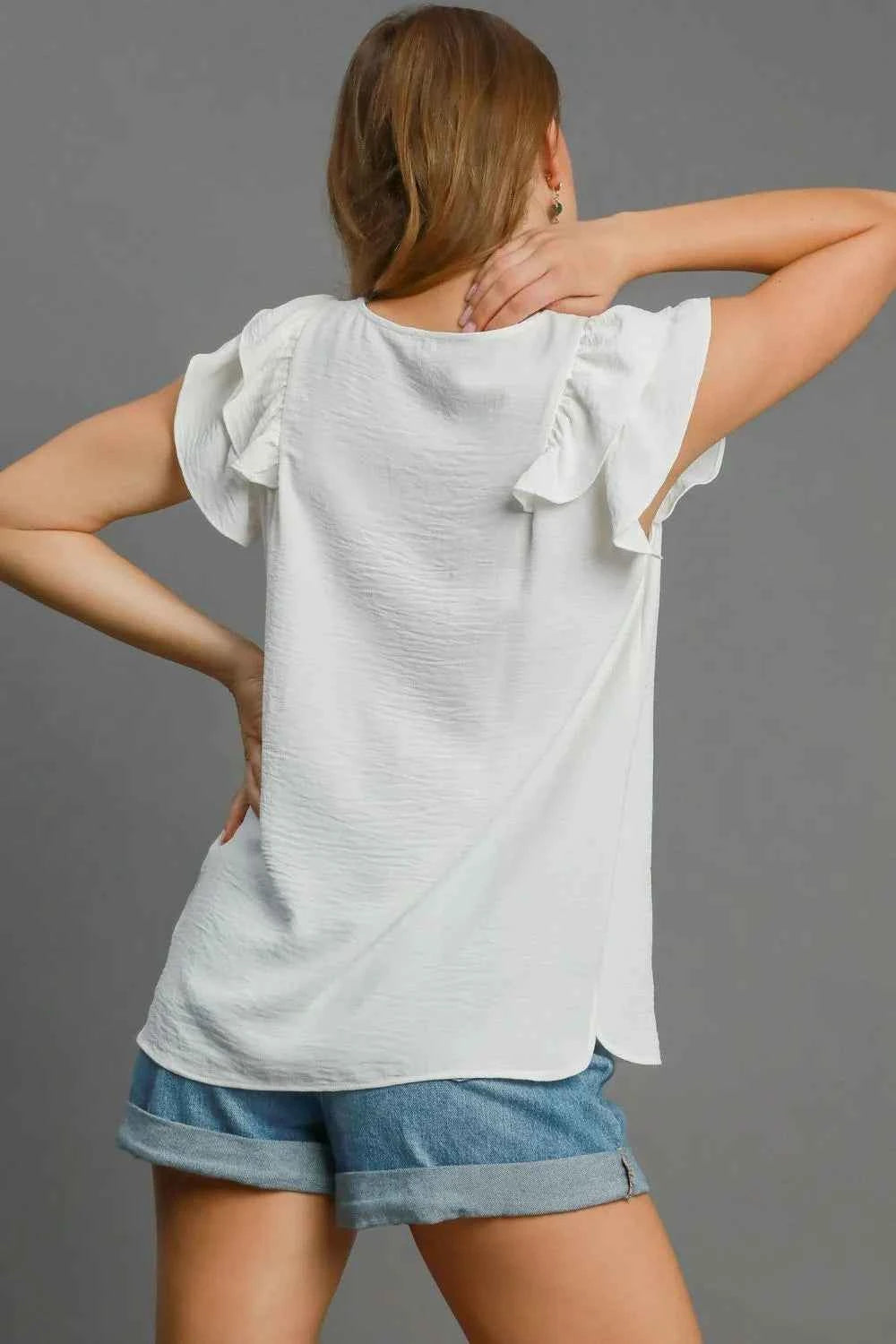 Umgee Full Size V-Neck Double Layered Ruffle Sleeve Blouse Plus Size e9f716b7-3564-41dd-a397-96b722e802b5-Max