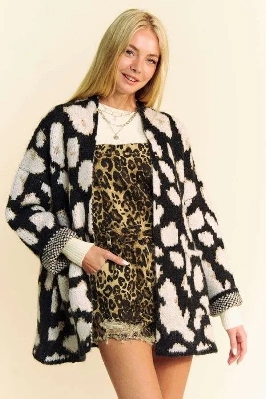 Davi & Dani Leopard Open Front Long Sleeve Cardigan Black e9f8044a-3565-489e-9a5f-d3c1bf02faa7-Max