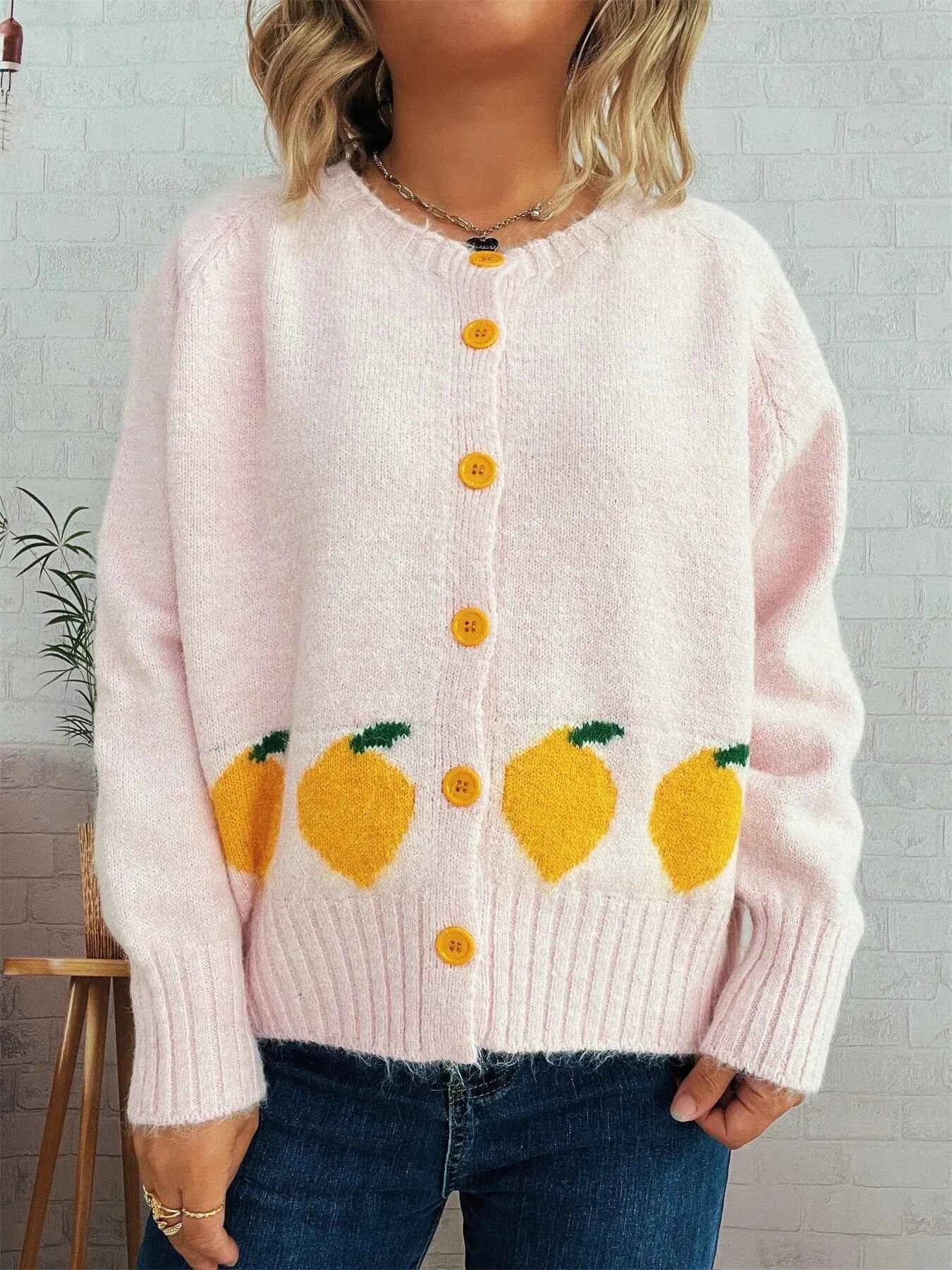 Lemon Pattern Button-Up Cardigan e9f80b647b9f4b1390b8b5cf478e1cef-Max-Origin