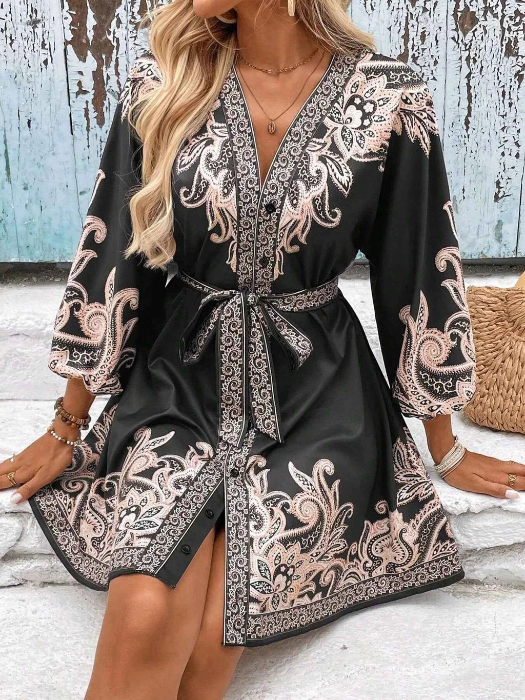 Printed Balloon Sleeve Mini Dress e9f8d710493746db95524099b77f8050-Max-Origin