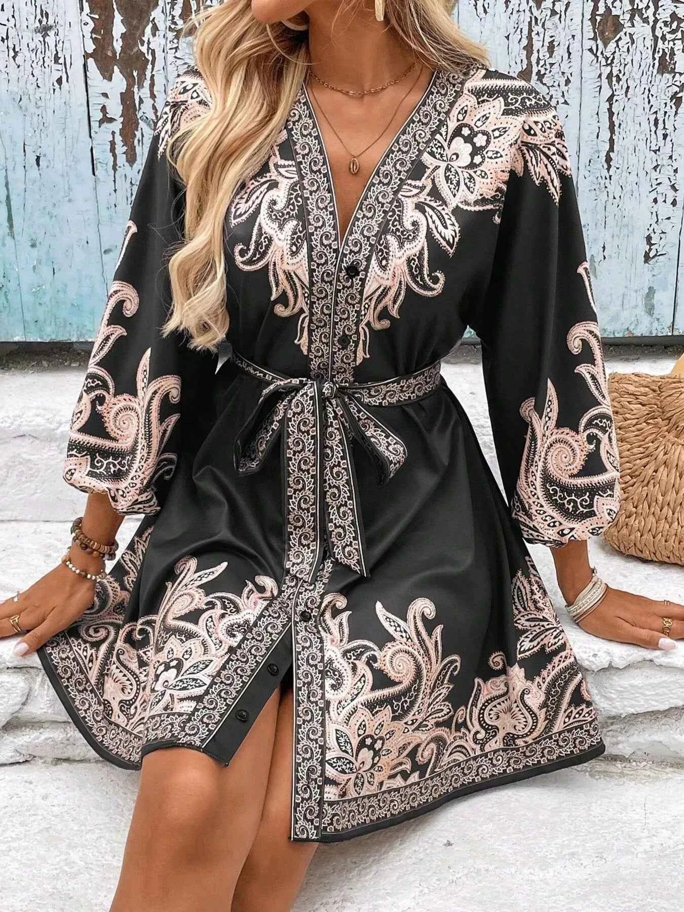 Printed Balloon Sleeve Mini Dress e9f8d710493746db95524099b77f8050-Max-Origin