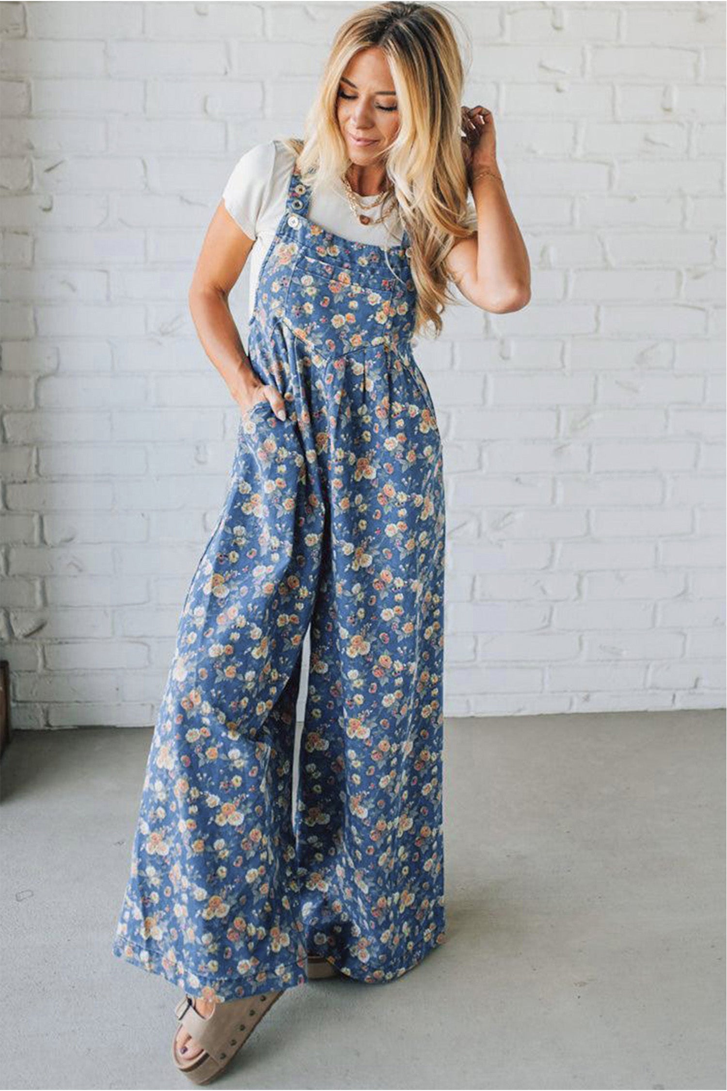 Blue Vintage Rose Printed Pleated Loose Denim Overall Jumpsuit e9f969d2a8d7daeb