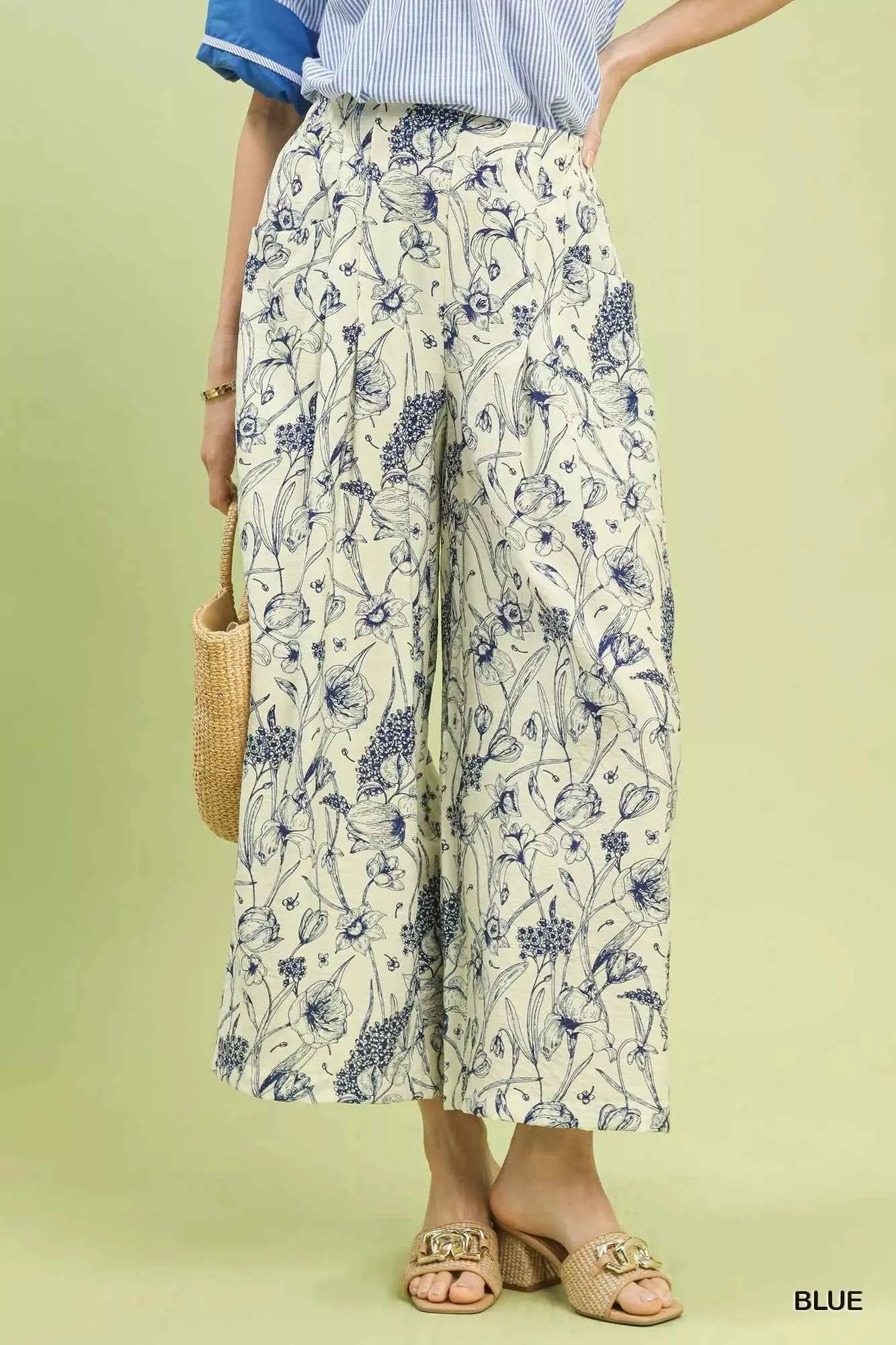 Umgee Two Tone Floral Print Pants BLUE e9fc9044-9d9d-4702-a5c5-358f6376dd7d-Max-Origin