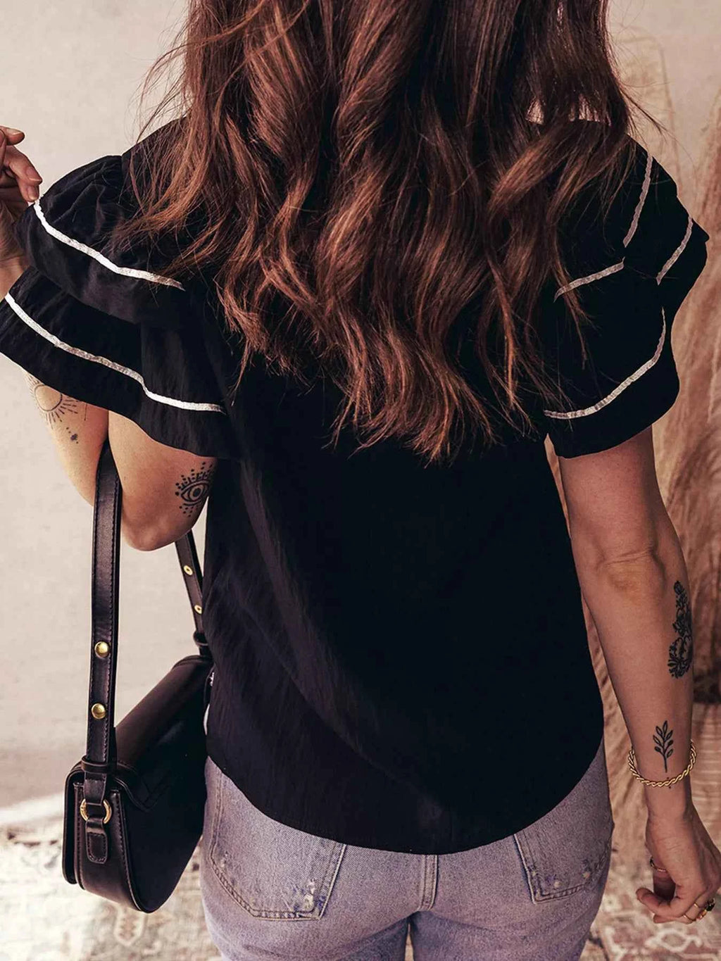 Contrast Trim Dual Ruffle Short Sleeve Textured Blouse e9fd01ad376f4e5e9b2775bbed7950a9-Max-Origin