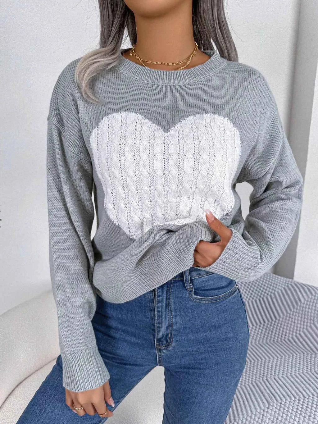Cable Knit Heart Round Neck Sweater e9fe54e6a6dc48ae888041de075ed967-Max-Origin