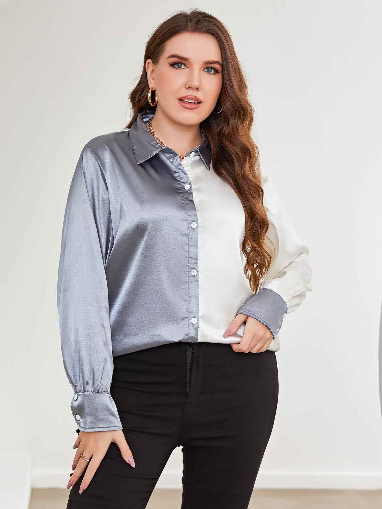 Plus Size Two-Tone Long Sleeve Shirt Light Blue e9ffd1f464f142f2923fb147bbf1fc5b-Max