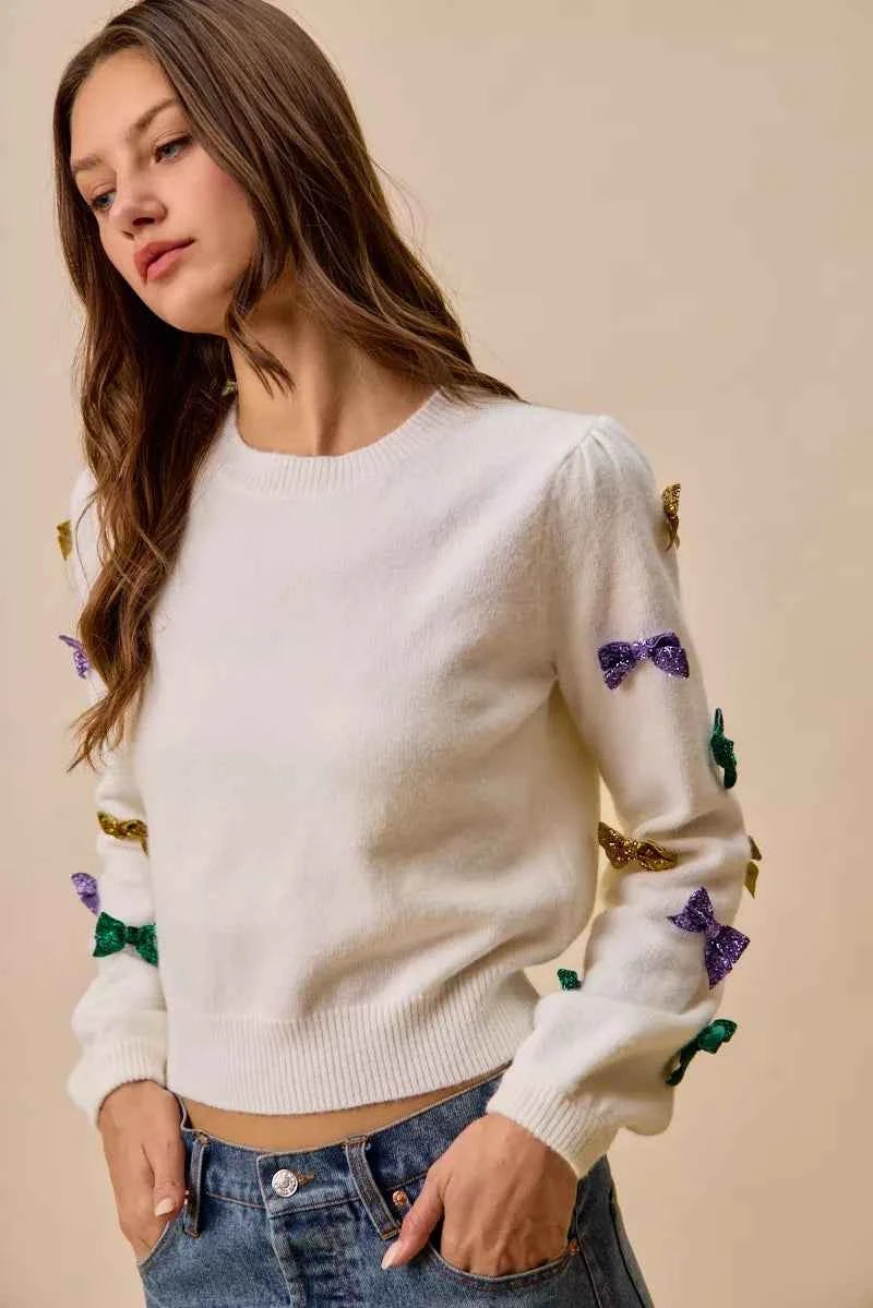 SO ME Mardi Gras Glitter Bow Ribbon Sweater Knit Top ea00825aa5bf4cbe9ea4206a79b1f579-Max-Origin