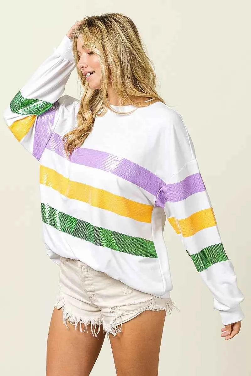 BiBi Sequin Mardi Gras Striped Round Neck Sweatshirt ea0099b80450404ca31650ef4dcbdfc9-Max-Origin
