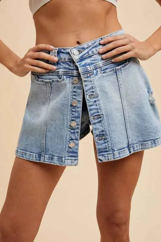 Button Detail Stretch Denim Wrap Mini Skort MEDIUM WASHED DENIM ea05dad757a846eea4e11cb287bc24ba-Max-Origin