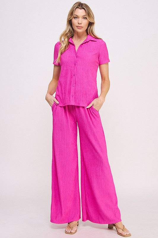 Textured short slv button down/wide leg pants set ea089a6d-7fe0-4901-a877-838adfd13b10