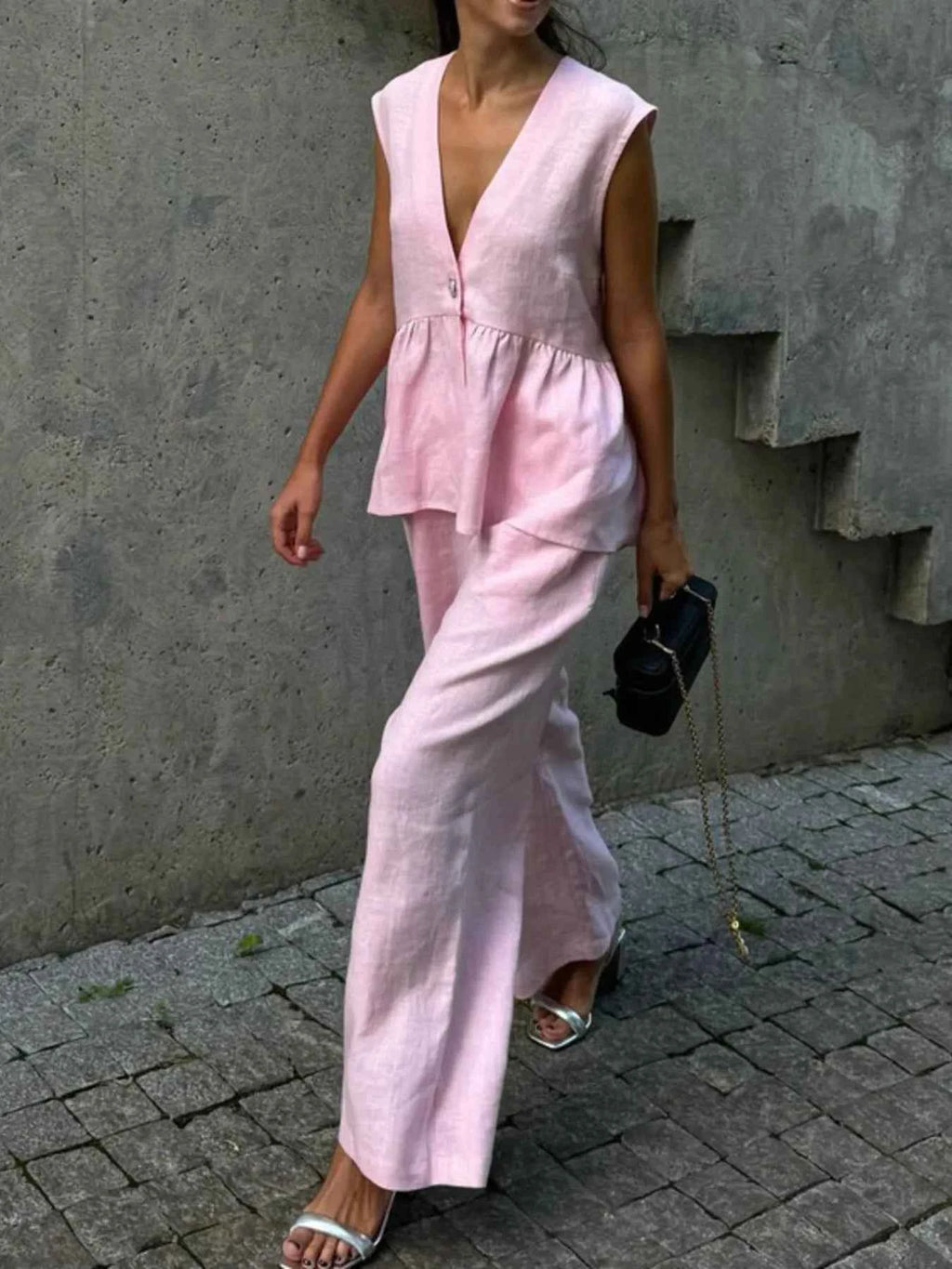 One Button Peplum Top and Pants Set Blush Pink ea094d02cbc3469faf90b7948913eb9c-Max-Origin