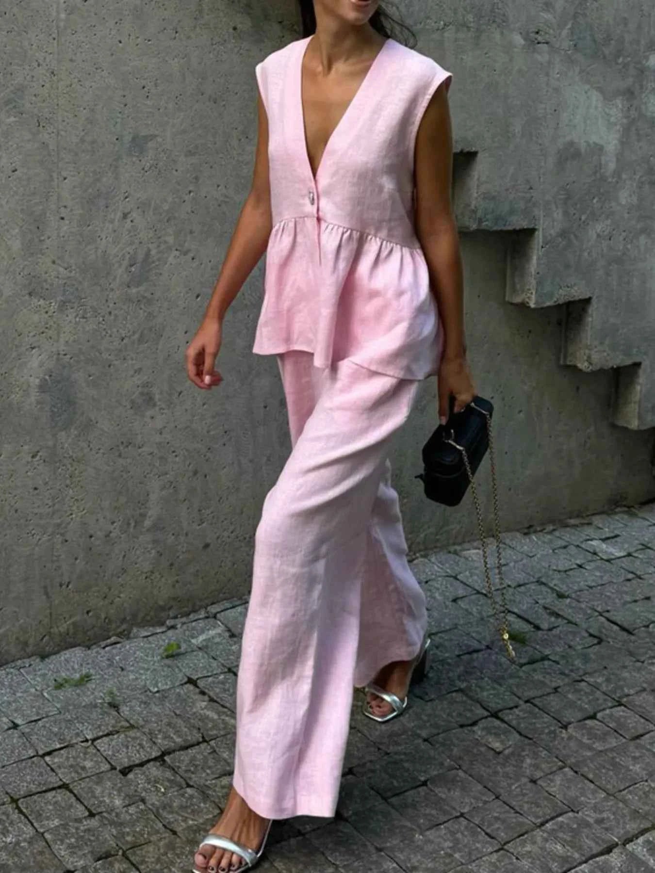 One Button Peplum Top and Pants Set Blush Pink ea094d02cbc3469faf90b7948913eb9c-Max-Origin
