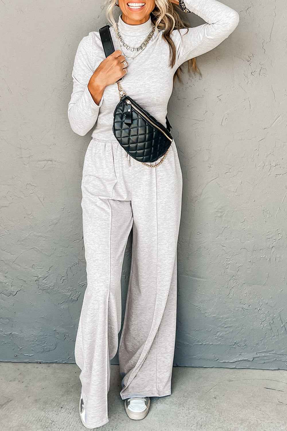 Light Grey Long Sleeve High Neck Slim Top Smocked Waist Central Seam Pants Set Light Grey 50%Polyester+45%Viscose+5%Elastane ea09e3fe9838ca8c