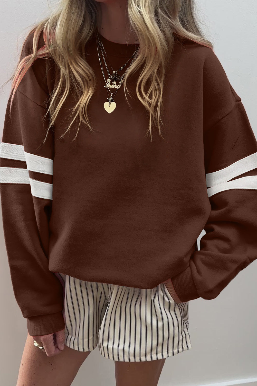 White Preppy Striped Sleeve Loose Sweatshirt ea0c2031accbabec