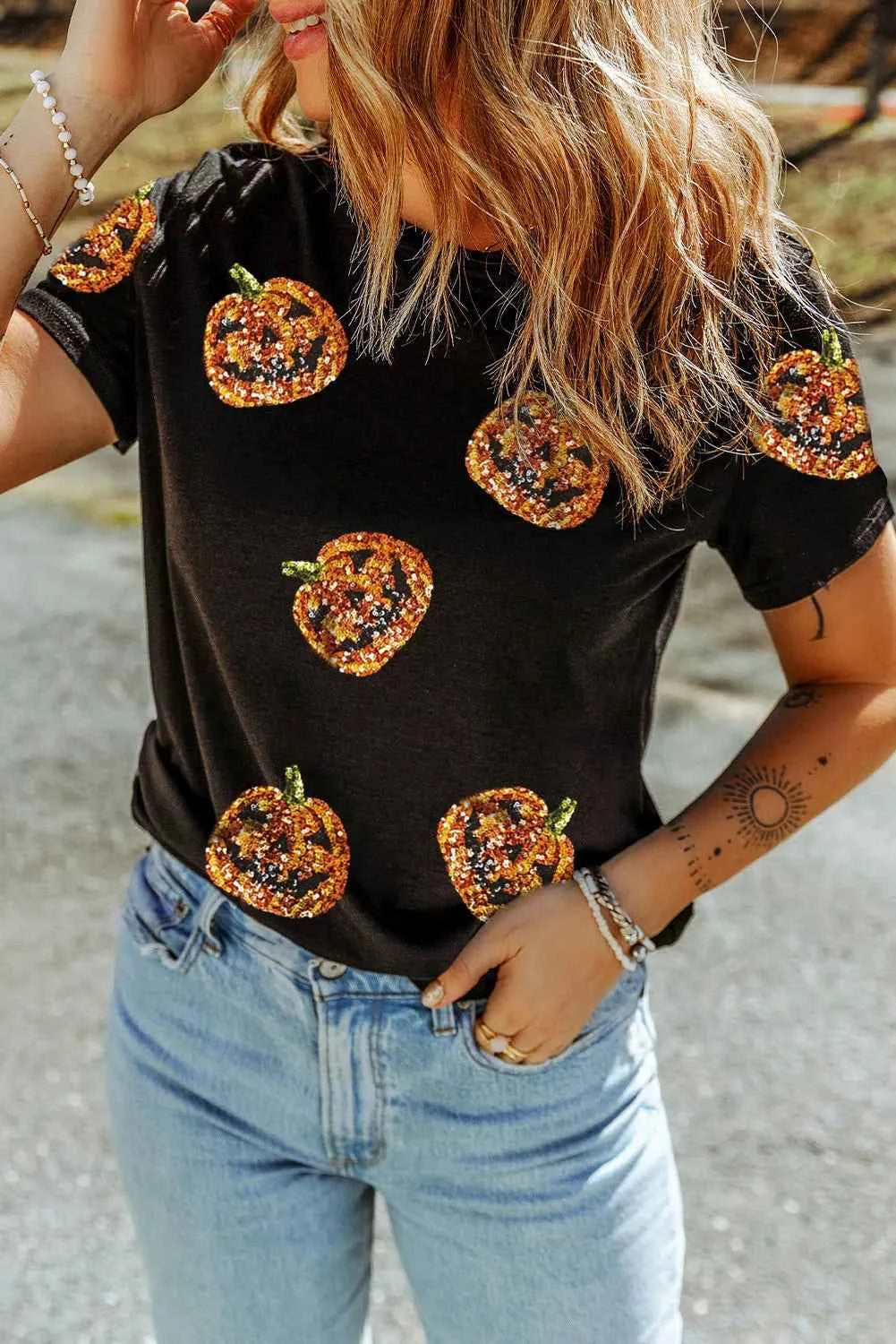 Sequin Pumpkin Round Neck Short Sleeve T-Shirt ea0e63be-d7a5-43f8-8e70-35f7e4ca9109-Max
