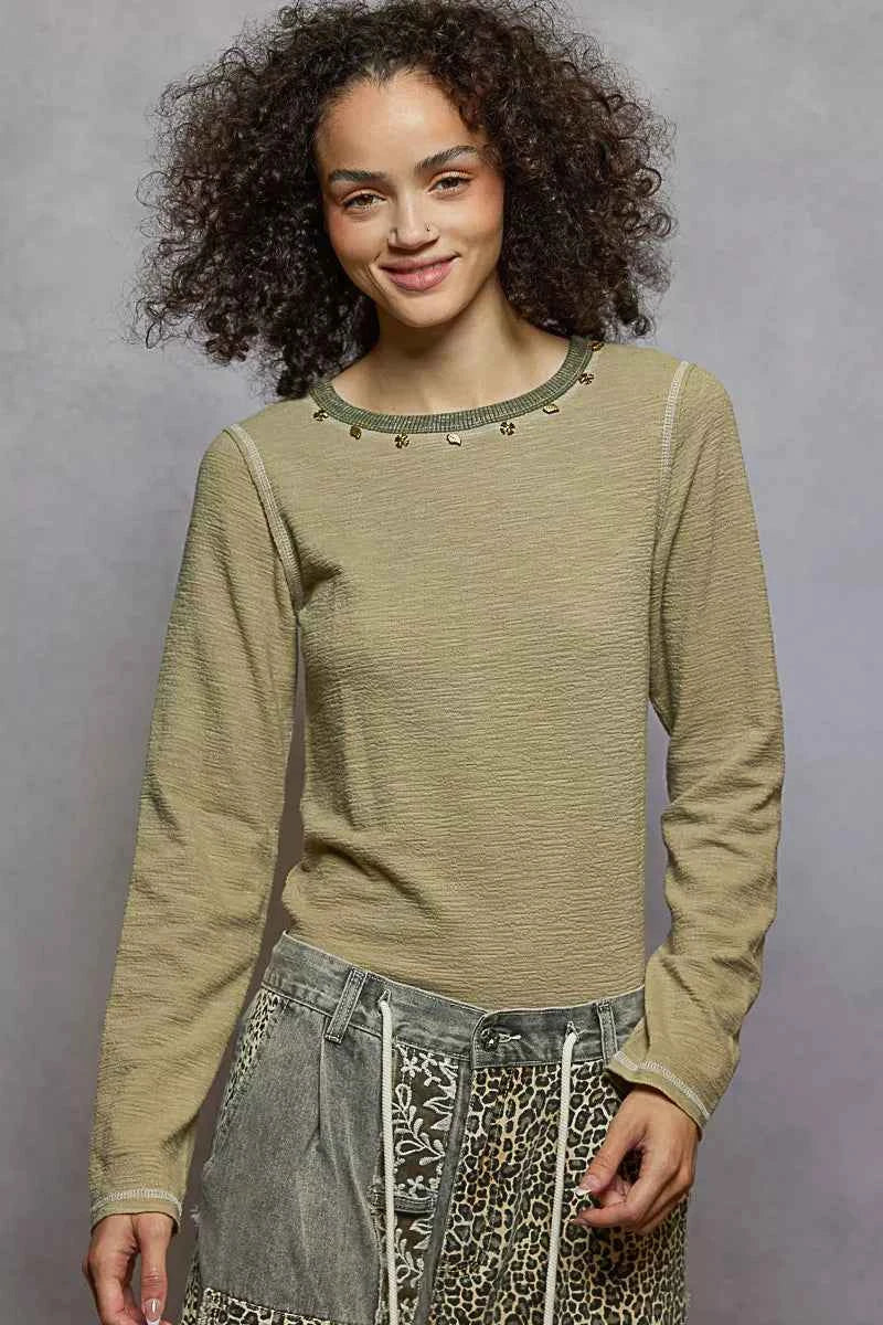 POL Round Neck Long Sleeve Contrast Stitching T-Shirt with Stud Detail ea13b354-07e7-489d-bd86-46b7ee07b43a-Max-Origin