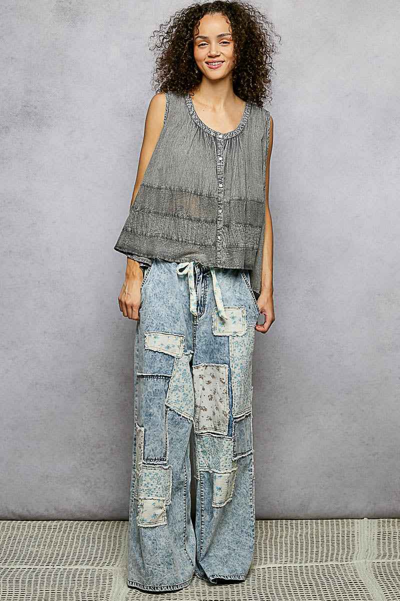 POL Button Down Round Neck Tank with Crochet Contrast ea185e15-6adb-4503-947e-e94692d92dde-Max