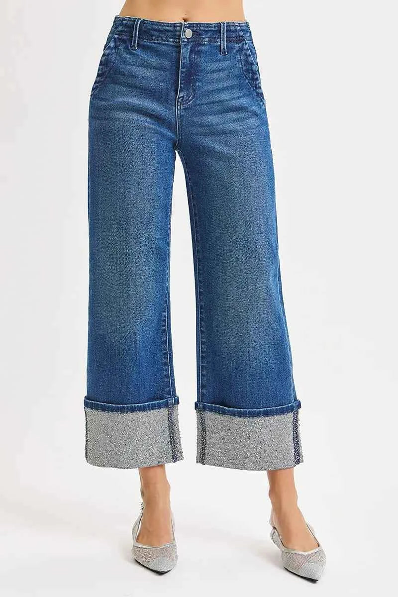 RISEN High Rise Ankle Wide Rhine Stone Cuffed Jeans DARK ea19251aca174b4dbebb112c58d4e047-Max-Origin