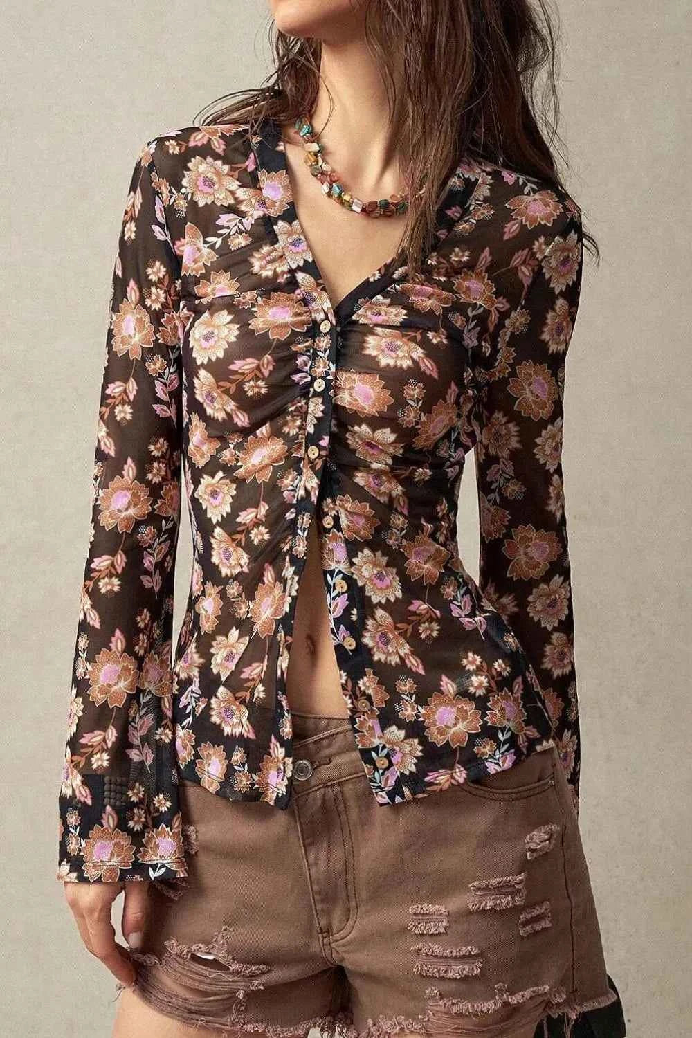 Floral Button-Front Shirt with Bell Sleeves ea1991e5-3a80-4e5b-b82a-3a297e5befa0-Max-Origin