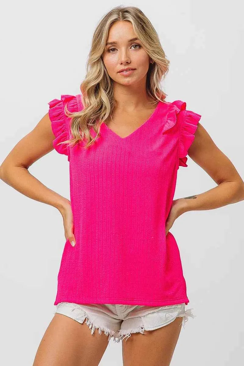 BiBi Layered Ruffles Armhole V-neck Rib Textured Top ea1b8bc79f794276a03e4dd66392c8b5-Max-Origin