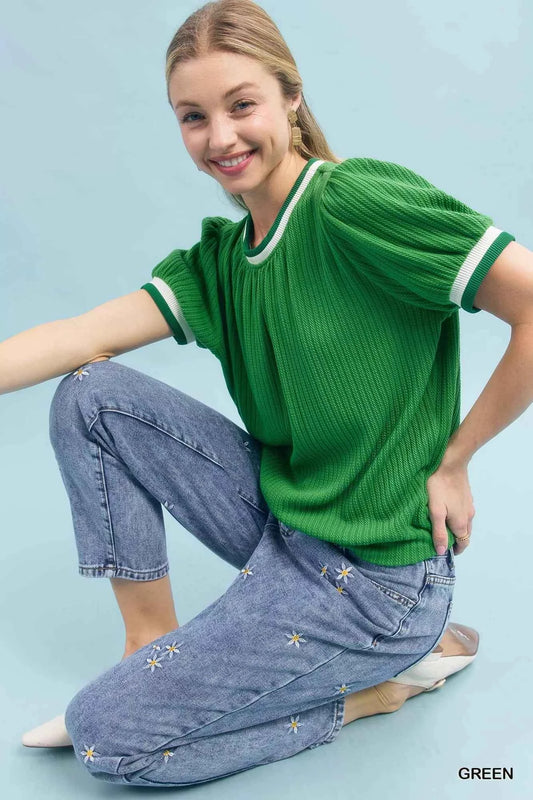 Puff Sleeve Knit Top with Contrast Rib Trim ea1e4ebc-1f06-43d9-92f3-e90ef4fd6f61-Max-Origin