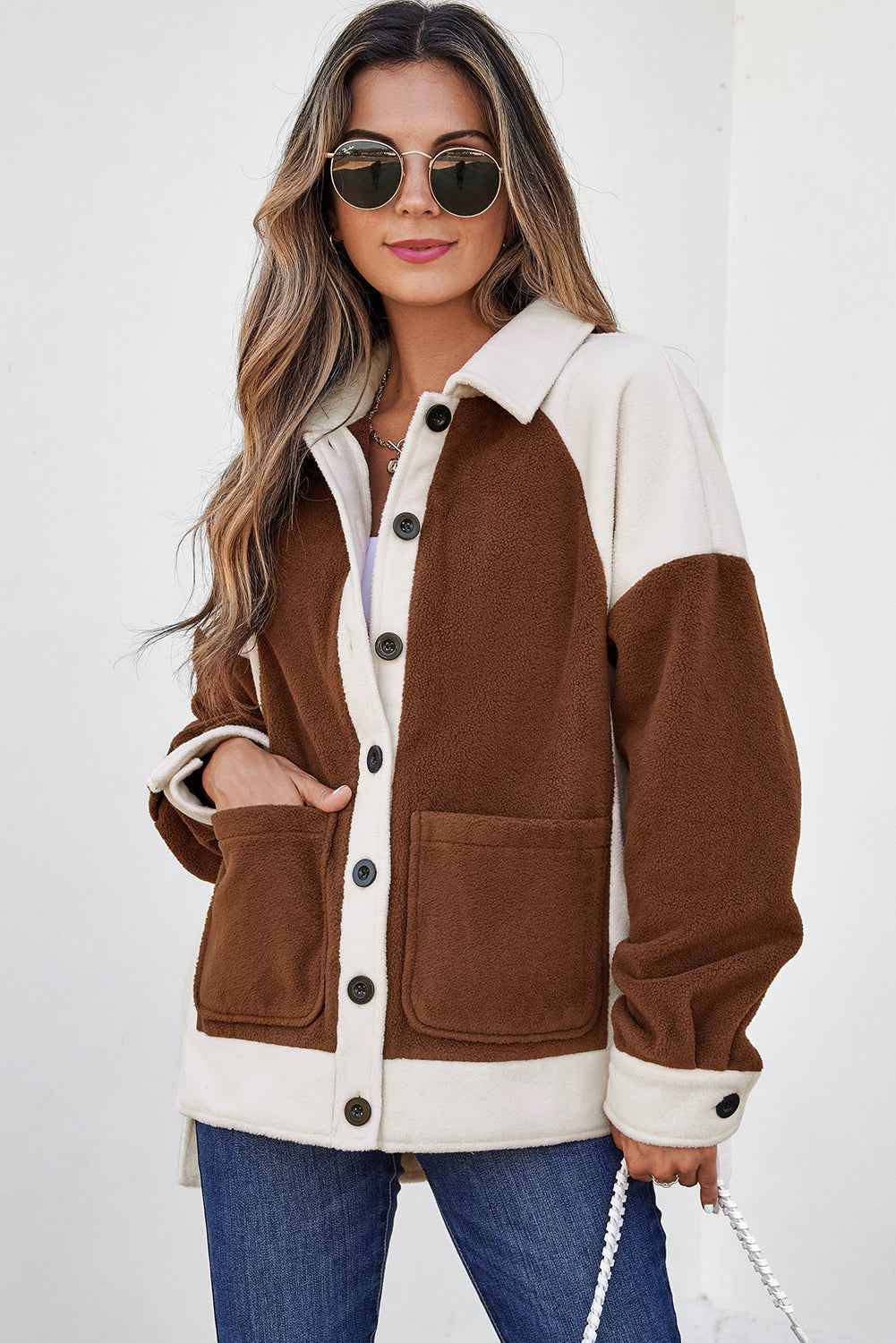 Brown Color Block Patchwork Button Down Fleece Shacket ea20db898fefe3c4