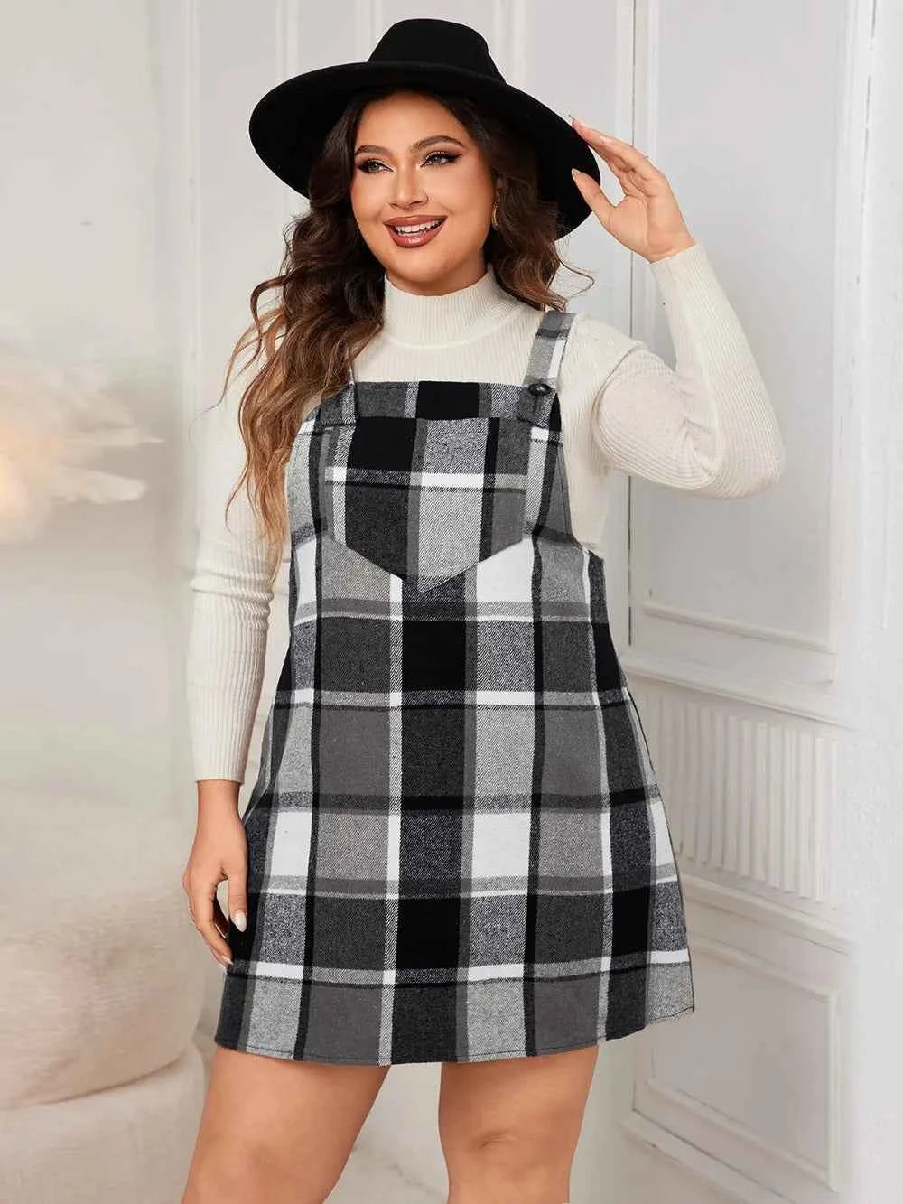 Honey Plus Size Plaid Wide Strap Overall Dress Black ea228648-eeb5-4853-bbd4-415e2a73bd2f-Max