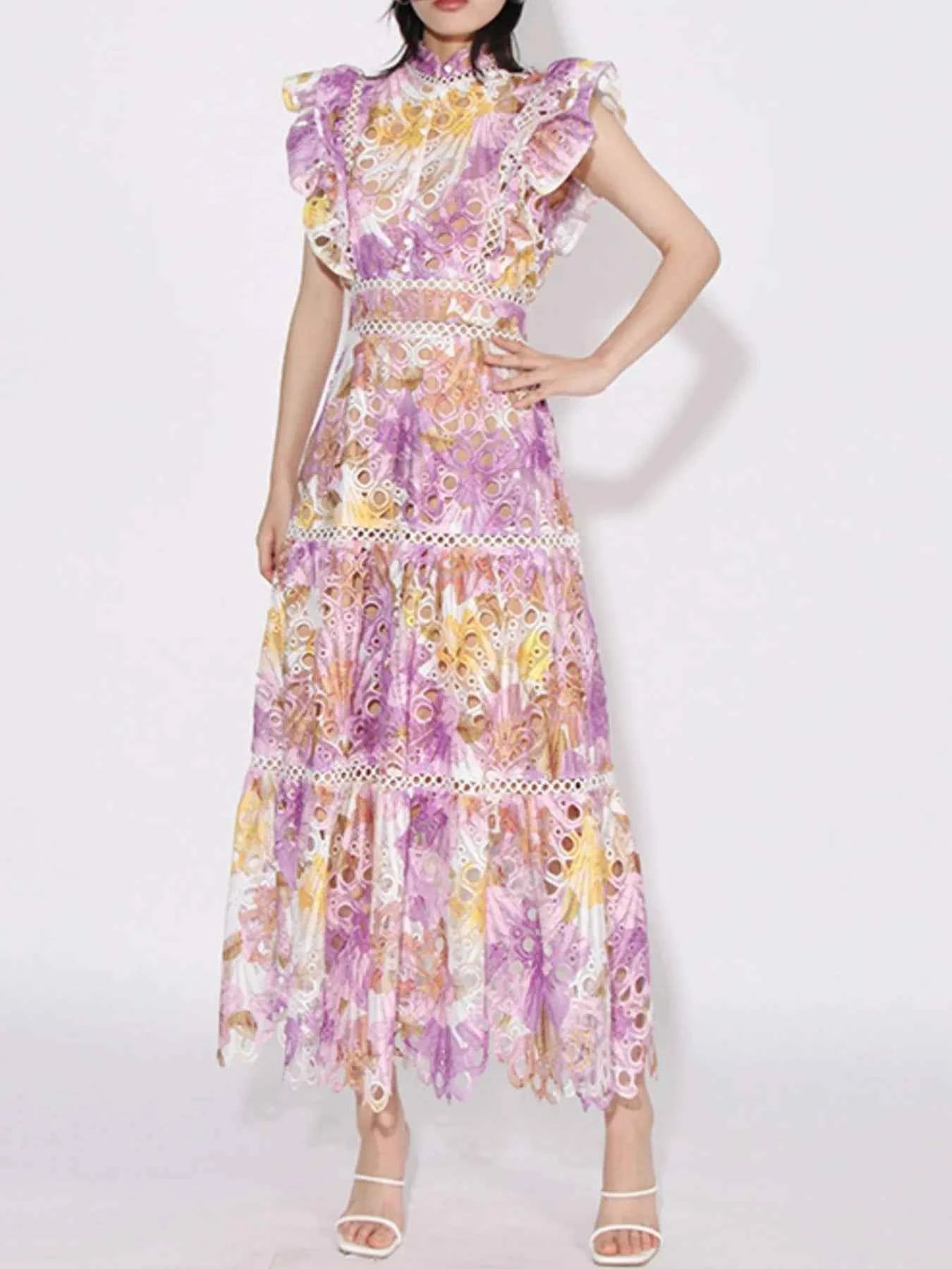 Ruffled Hollow Out Tiered Midi Dress Purple ea22cc1d-96b3-4849-85a3-62b696fb99d1-Max-Origin