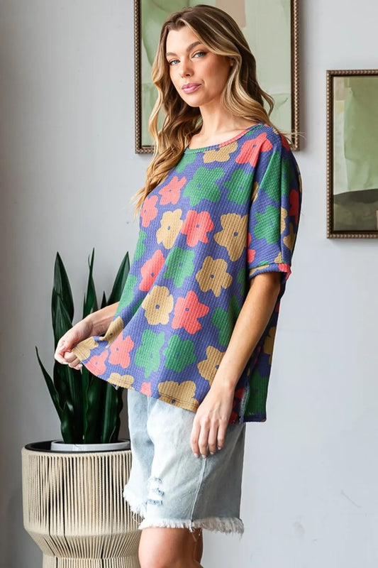 Full Size Floral Round Neck Side Slit T-Shirt ea297989-fc6e-4ce1-9187-c9190f9a65ee-Max
