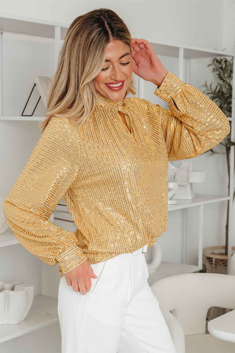 Gold Metallic Balloon Sleeve Buttoned High Neck Loose Blouse ea2b9a0a44e0975e